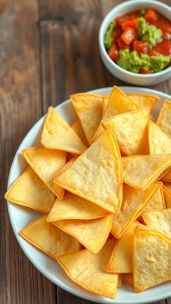 Crispy keto tortilla chips served with guacamole and salsa on a rustic wooden table.